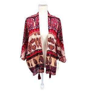 NWT Moon Orchid Kimono Boho Floral Red Brown M
